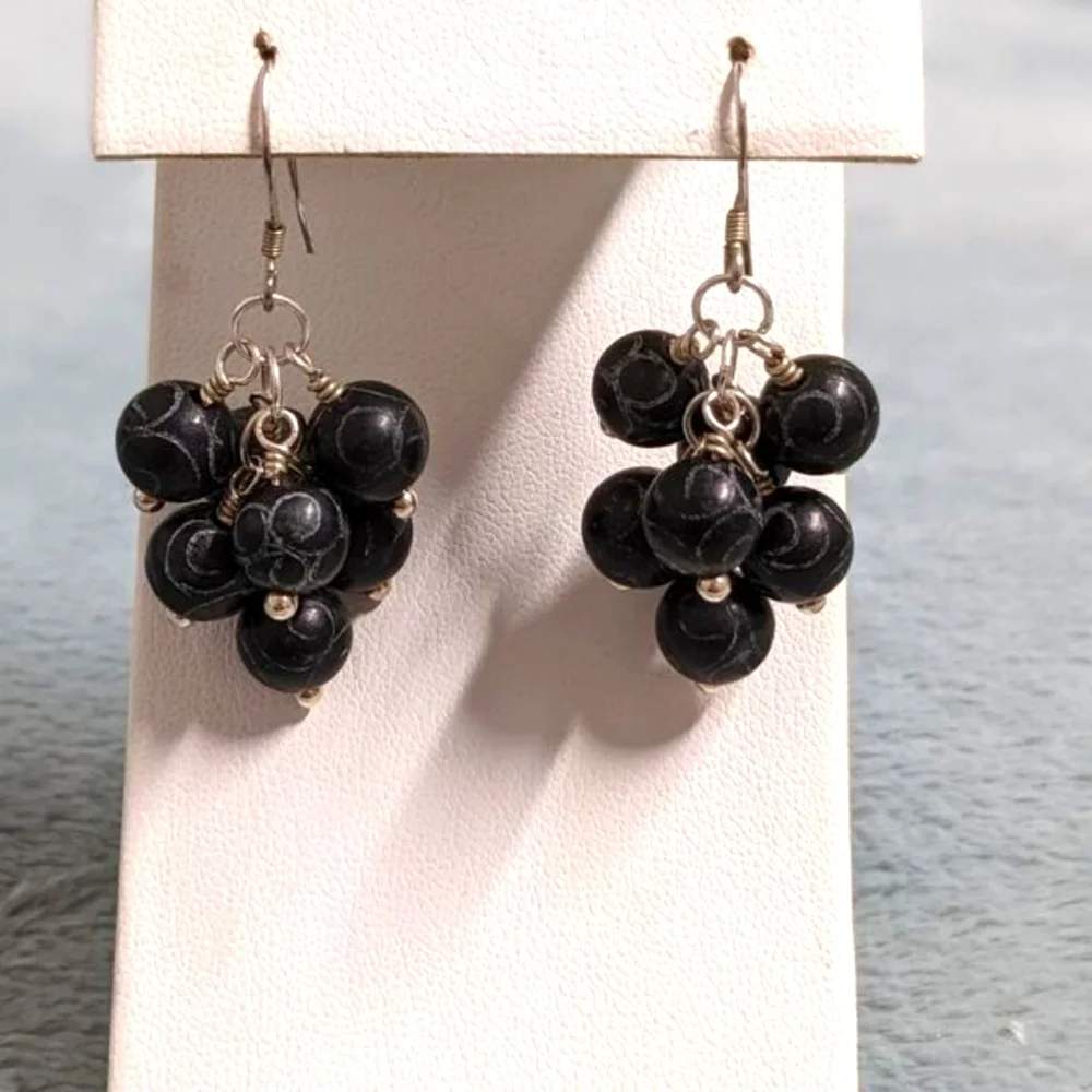 Vintage Artisan Made Carved Ceramic Bead Dangle Earrings on Sterling Silver - Picture 5 of 10